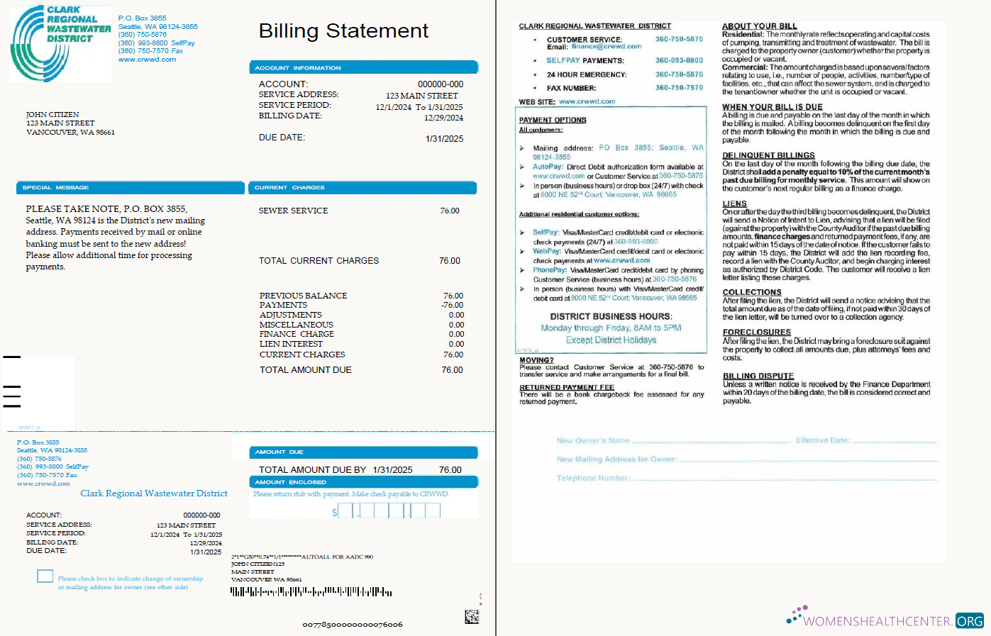 download USA Clark Regional Wastewater District utility bill template in Word and PDF formats, 2 pages PDF template